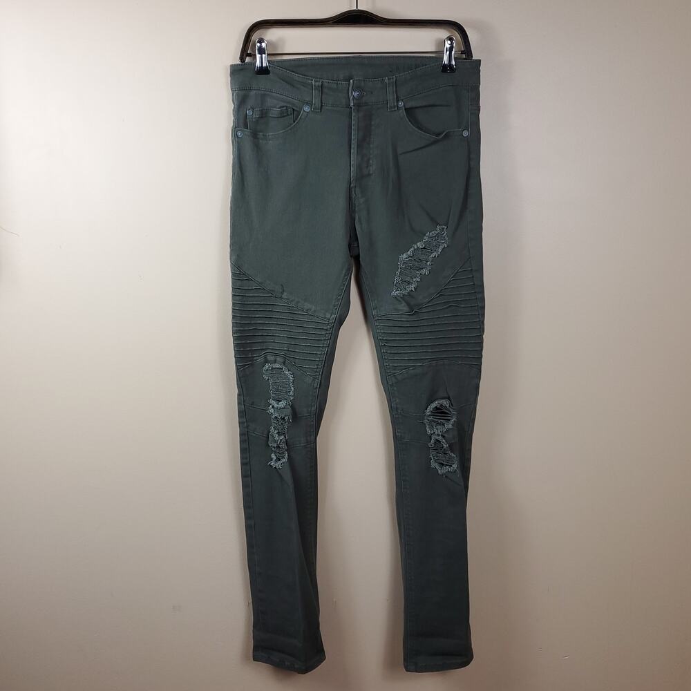 H&M Green Distressed Moto Skinny Jeans Size 30x32